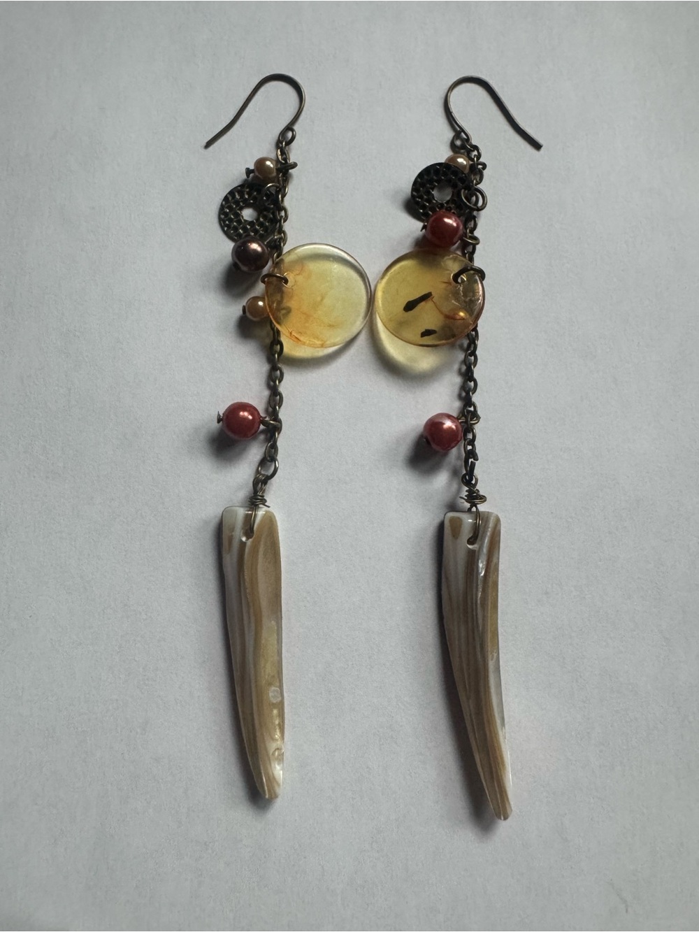 Boho Razor Clam Shell and Amber Disk Dangle Earrings. Artisan. 4.5 inches